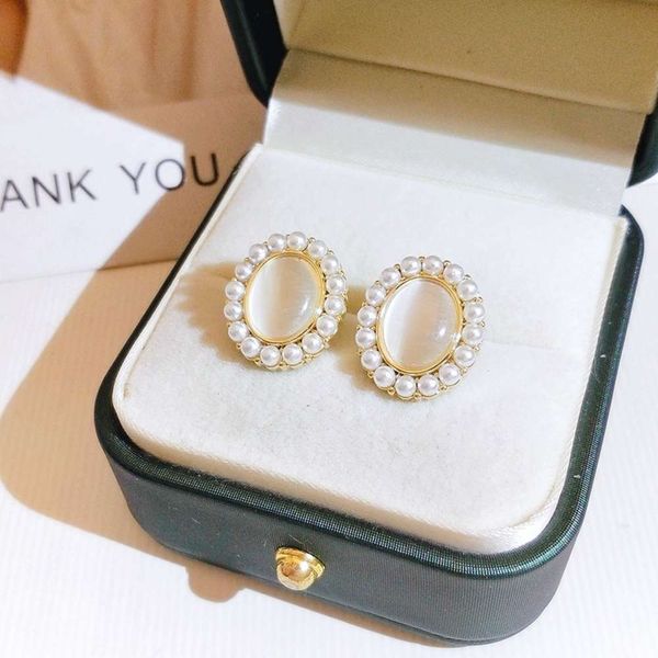 

korean simple fashion opal pearl oval court women's s925 silver earrings, Black