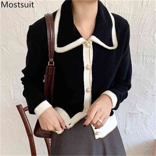Autunno coreano vintage cardigan lavorato a maglia maglioni manica lunga colletto rovesciato top monopetto signore eleganti 210513