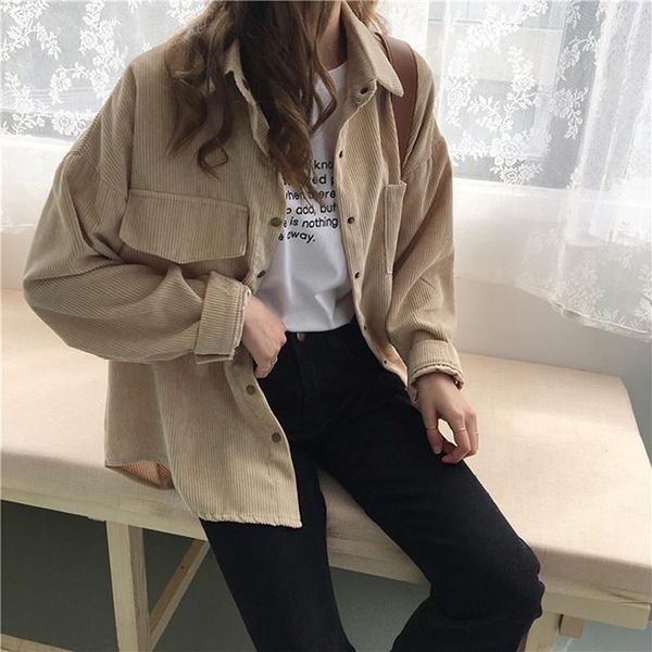 

women's jackets spring casual autumn basic outwear women corduroy shirts full sleeve turn-down collar oversize coats, Black;brown