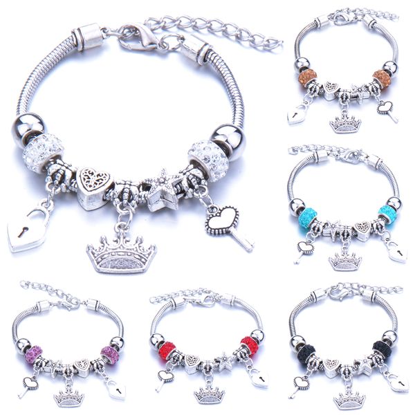 

antique original crown key lock shape 6 colors charm bracelets for women glass beads brand bracelet & bangle diy jewelry gifts, Golden;silver