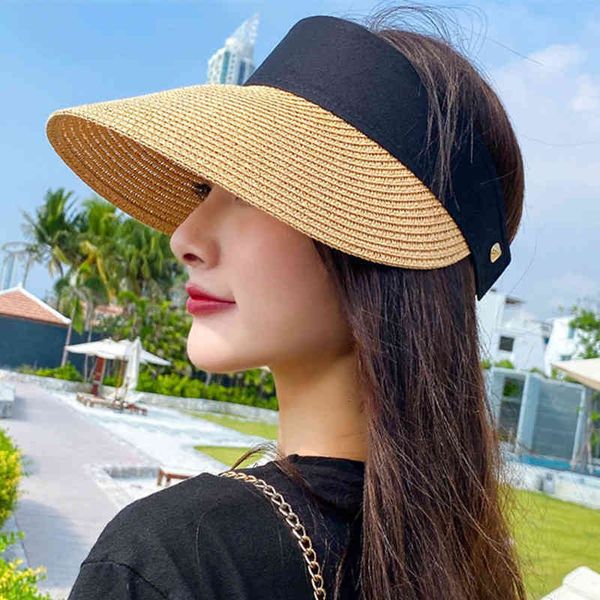 

summer empty suncap foldable portable roll-up beach hat wide brim sun hat fashion casual straw cap visors women, Blue;gray