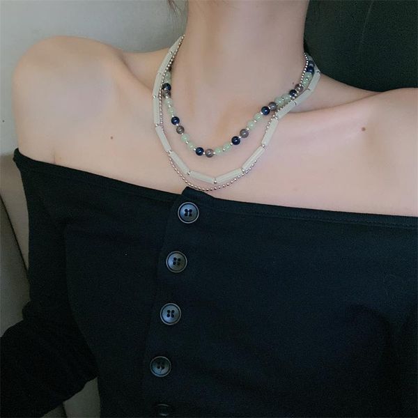 

chains sweet cool girl multi layers choker necklace fashionable green stone round bead chain clavicle jewelry vintage neck accessories, Silver