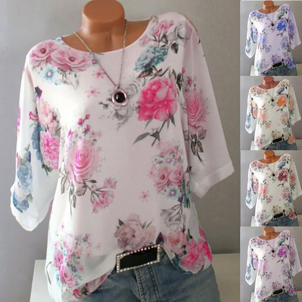 

soft shirt women plus size loose floral print o-neck t pullover lady chiffon mujer camicetta #t4g women's t-shirt, White