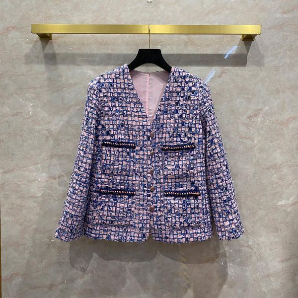 

designer women's 100%silk lining plaid tweed coat fashion elegant v-neck chains jackets c770 wool & blends, Black
