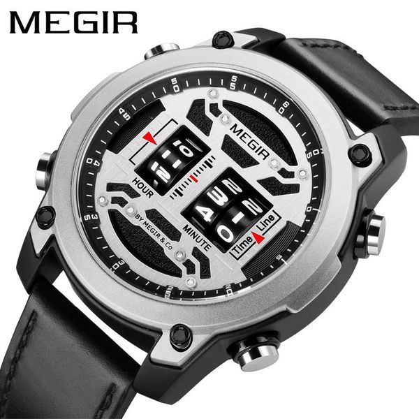 

wristwatches megir design personality roller waterproof leather business sports quartz watch men's watches clock 2142g, Slivery;brown
