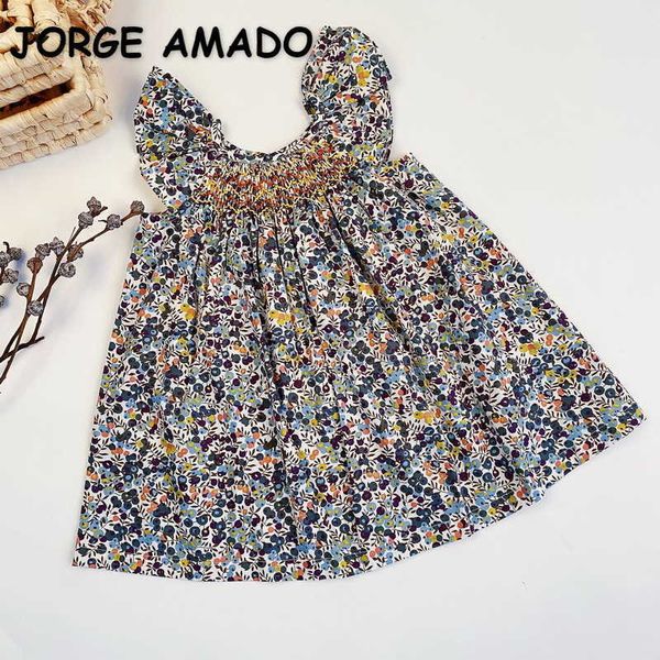 Летние дети девочек платье цветочные слинг оборманы курение принцессы платья милый стиль детская одежда E1006 210610