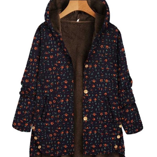 

women coat autumn and winter women's jacket thick casual loose printing single-breasted irregular hooded coat en* 211104, Black