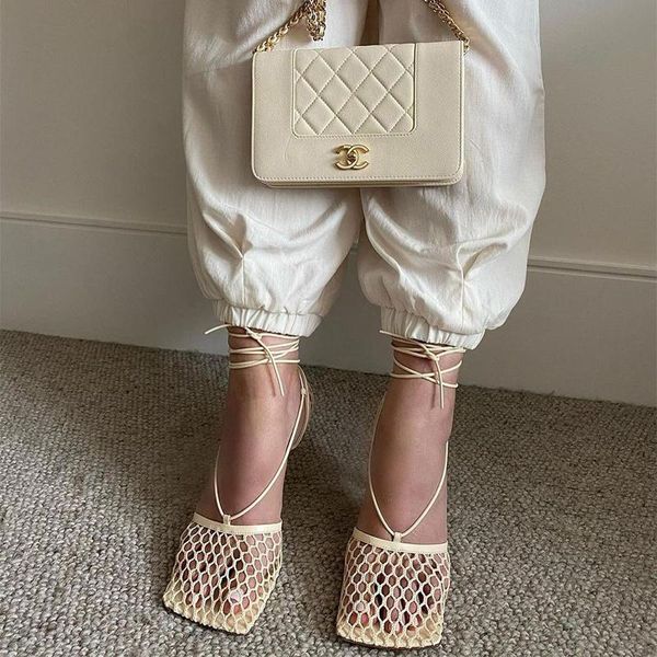 

dress shoes y3 summer women's fashion sandals mesh breathable square toe high heels cross strap design female, Black