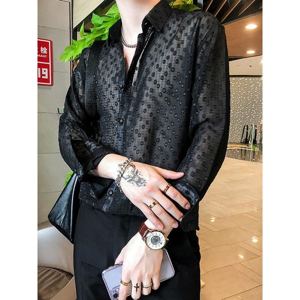 

men's casual shirts see through men dress sunscreen shirt summer thin lace hollow ruffian camisas para hombre korean clothes, White;black