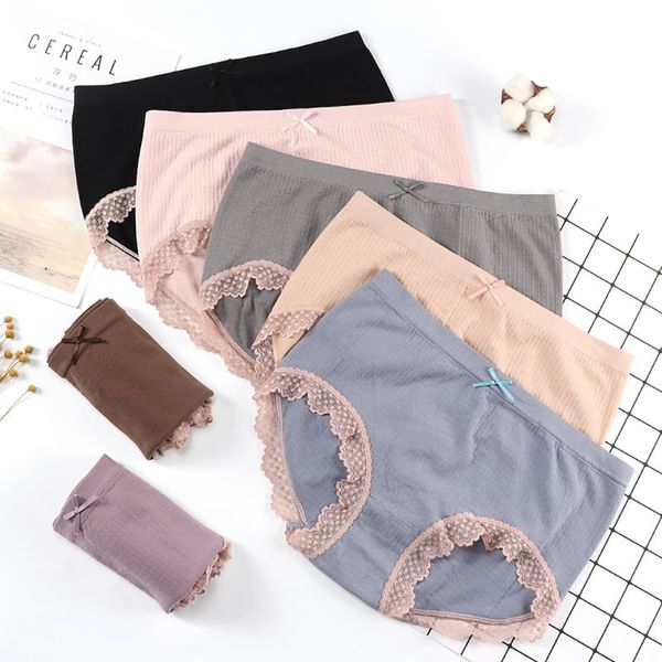 

women's underwear fashion solid color bowknot breathable lace stitching mid-waist seamless cotton 05* panties, Black;pink