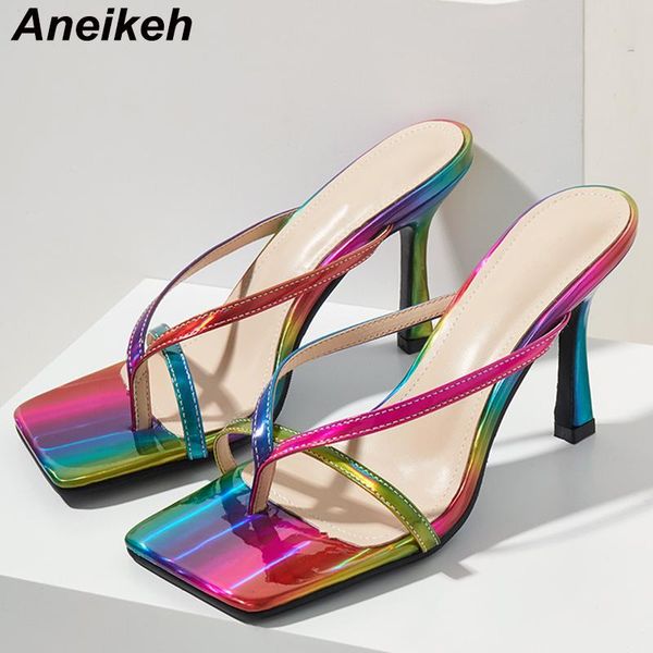 

aneikeh summer high heels peep toe slippers sweet leisure narrow band mixed colors rainbow patent leather women's shoes 2021, Black