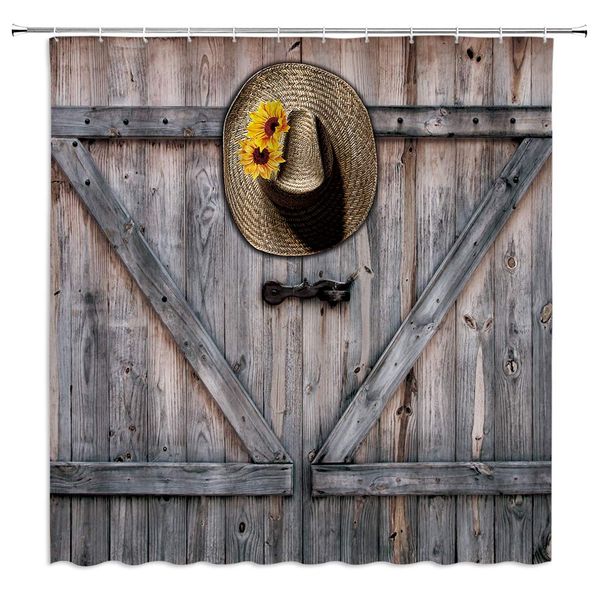 

rustic shower curtain cowboy hat sunflower on old wooden door decor vintage barn american native farm country,fabric bathroom