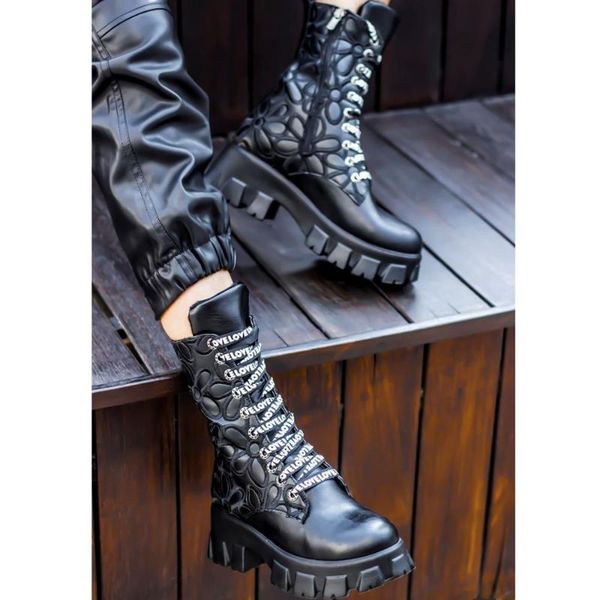 

boots black color flover detail pu leather season 2021 fashion winter autmn zipper & lace-up standard mold female lady women