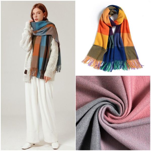 

scarves jtvovo runmeifa 2021 contrast plaid fringed scarf autumn and winter imitation cashmere warmth women's luxury shawl, Blue;gray