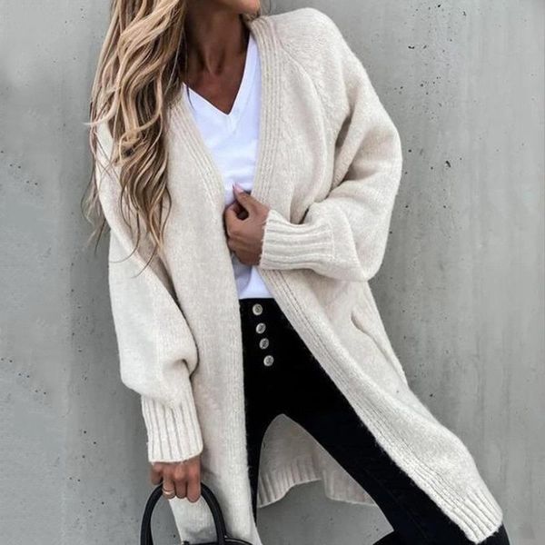 

women's knits & tees long cardigan women knitted sweater fall fashion loose sleeves solid color lugentolo, White