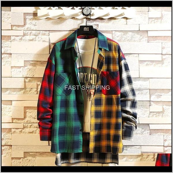 Herrenbekleidung Bekleidung Männer Plaid Print Männliche Hemden Dünne Baumwolle Mit Vollen Ärmeln Hemd Mode Lässig College-Stil Patchwork Farben Cou