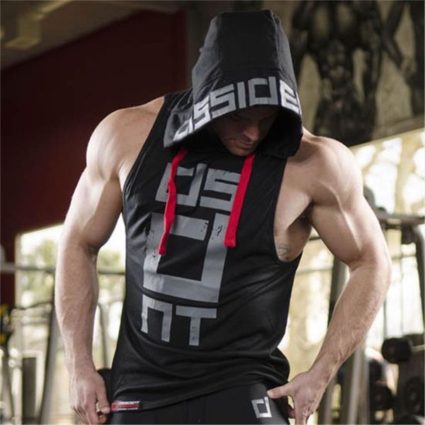 

gym hooded tank men fitness bodybuilding sleeveless sweatshirt hoodies summer casual fashion print crossfit clothing, White;black