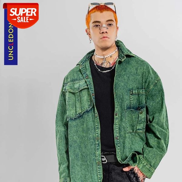 

uncledonjm vintage loose washed green denim jacket for men women motorcycle hip hop jean qvs06 #yk5z, White;black