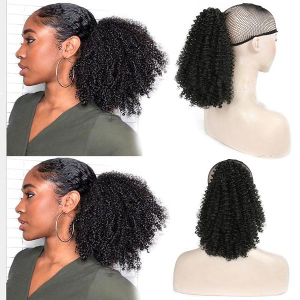

synthetic wigs beiyufei drawstring afro kinky curly ponytail clip in hair pony tail for african american ombre color, Black