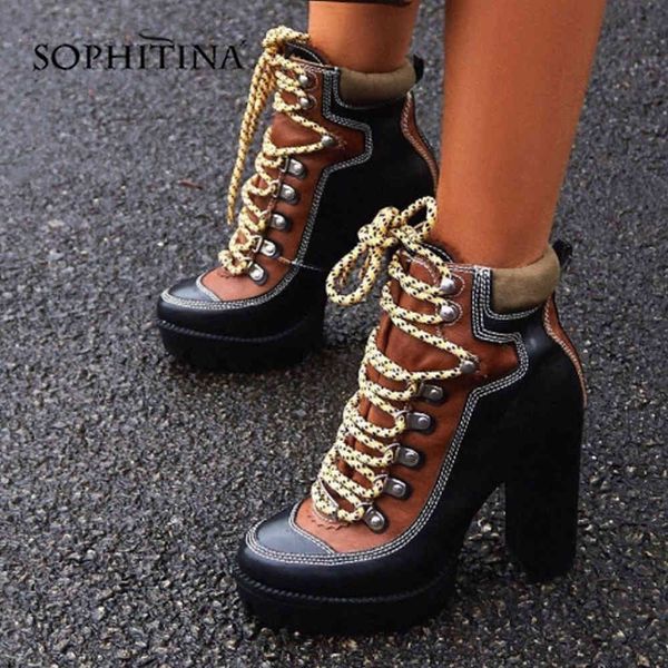 Sophitina à prova d 'água plataforma botas de tornozelo moda cores misturadas lace-up salto quadrado sapatos mulheres senhora trabalhador preto marrom botas h3 210513
