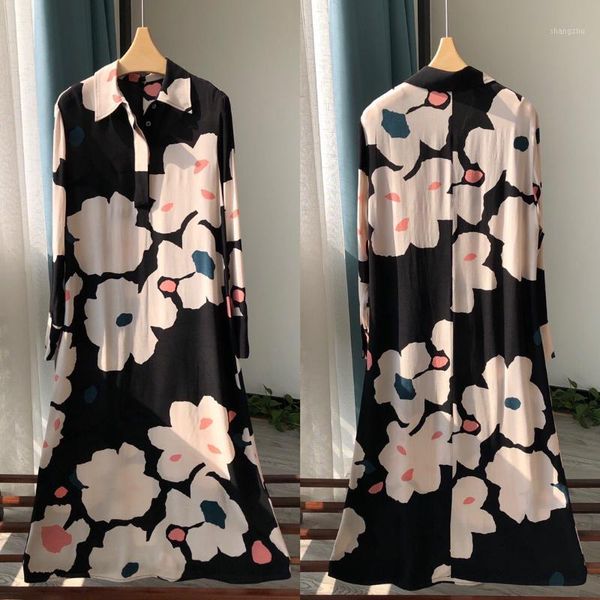 

casual dresses sun flower printed midi dress women's 100% viscose turn-down collar long sleeve robes with buttons spring 2021, Black;gray