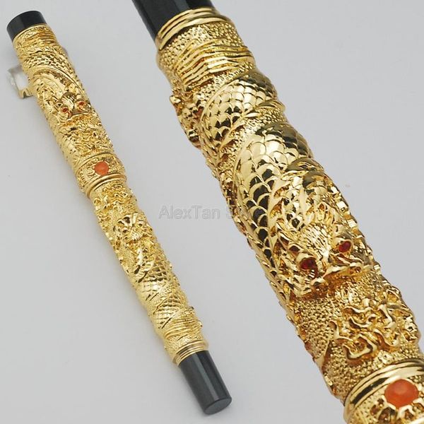

jinhao ancient rollerball pen golden small double dragon playing pearl metal carving embossing heavy for office & school ballpoint pens, Blue;orange