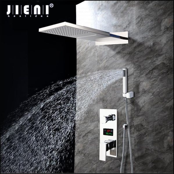 

chrome polished bathroom shower faucet wall mount rainfall head 3 functions digital display mixer set sets