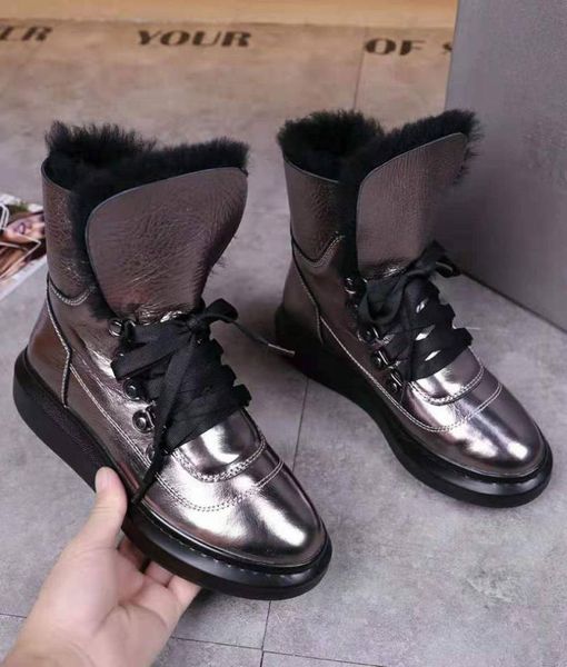 

boots mental color snow women plus wool lace-up thick bottom wedges genuine leather female ankle 2021 winter designer, Black