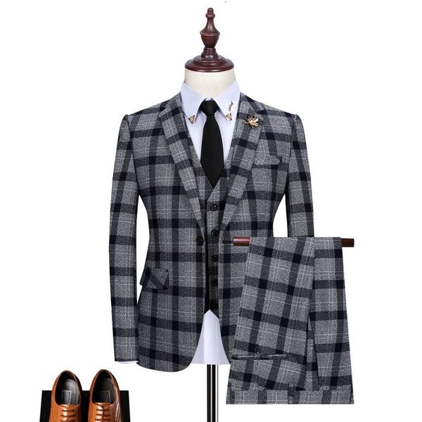 

men's suits & blazers fashion korean slim plaid single breasted 3 piece gentleman wedding terno masculino trajes de n, White;black