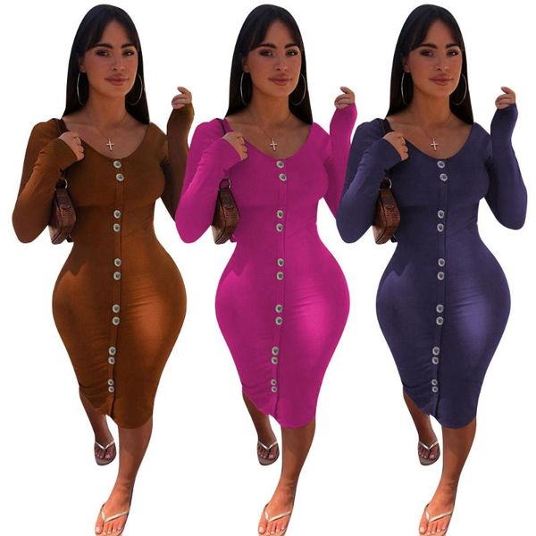 

casual dresses chiclover streetwear women wholesale items crew neck temperament buttons ribbing dress bodycon fall clothes, Black;gray