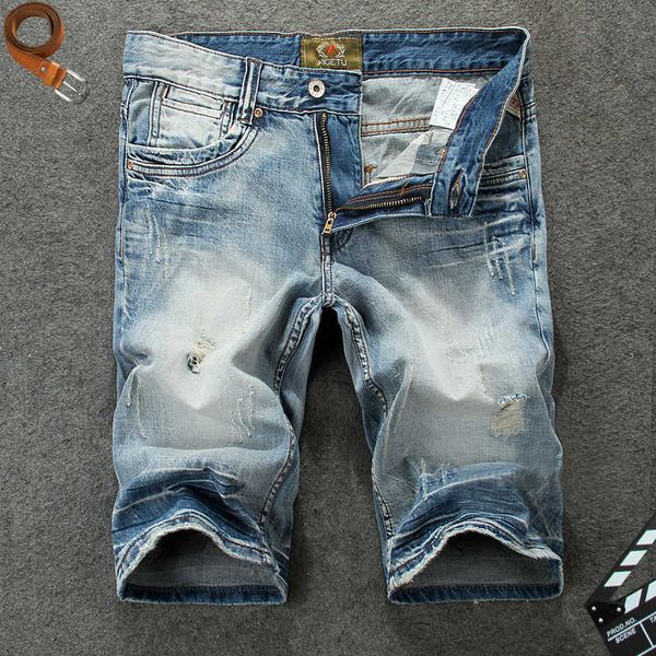 İtalyan Vintage Moda Erkekler Kot Retro Açık Mavi Yıkılan Tasarımcı Ripped Kısa Yaz Hip Hop Denim Şort Hombre HBVW Yırtık