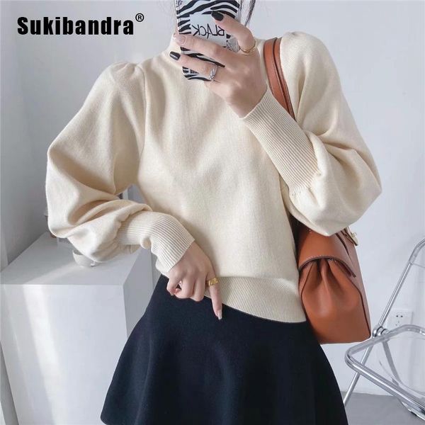

women's sweaters sukibandra autumn long lantern sleeve beige knitted sweater for woman elegant vintage turtleneck women clothes fall, White;black