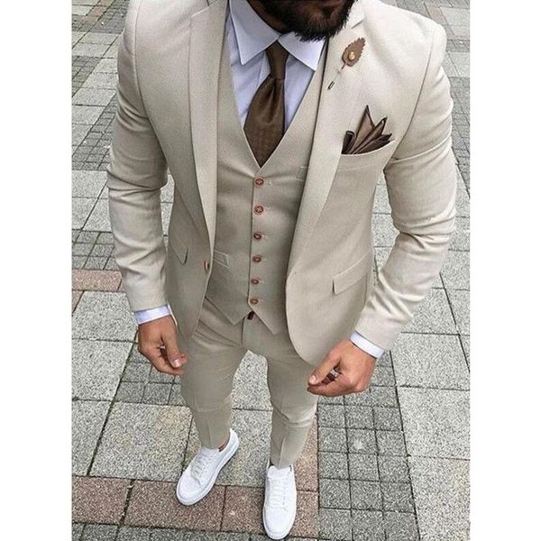 Homens Ternos Blazers Dois Botões Bege Notch Lapel Noivo do Noivo de Smoking / Noivo Do Casamento (Casaco + Calças + Tie + Vestida) Traje Home