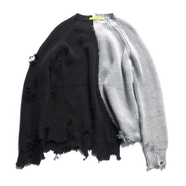 

men's sweaters men ripped hole patchwork knitted sweater autumn winter irregular design hip hop punk knitwear women vintage pullover ov, White;black