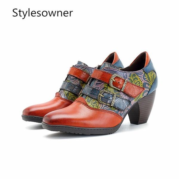 

stylesowner 2021 design spanish style patchwork woman pumps high heels buckle trap hand-made retro printed shoes dress, Black