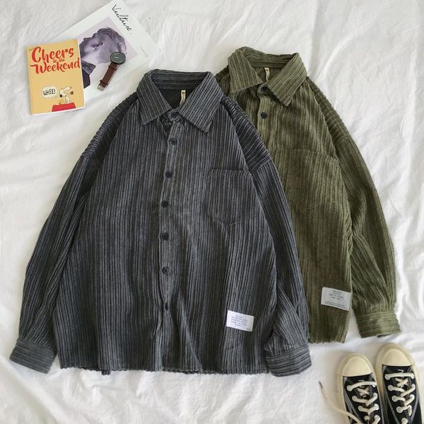

men's casual shirts autumn corduroy shirt fashion solid color retro men streetwear wild loose long-sleeved mens -2xl, White;black