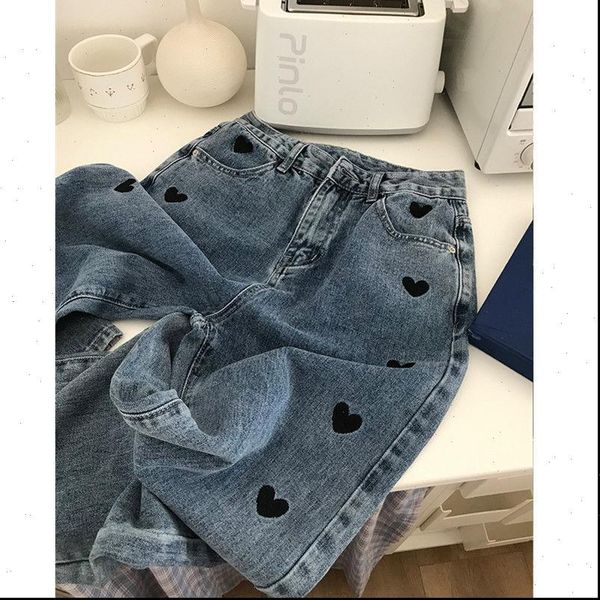 

vrouwen en najaar nieuwe women jeans koreaanse liefde borduren casual rechte broek hoge taille slanke losse b018, Blue