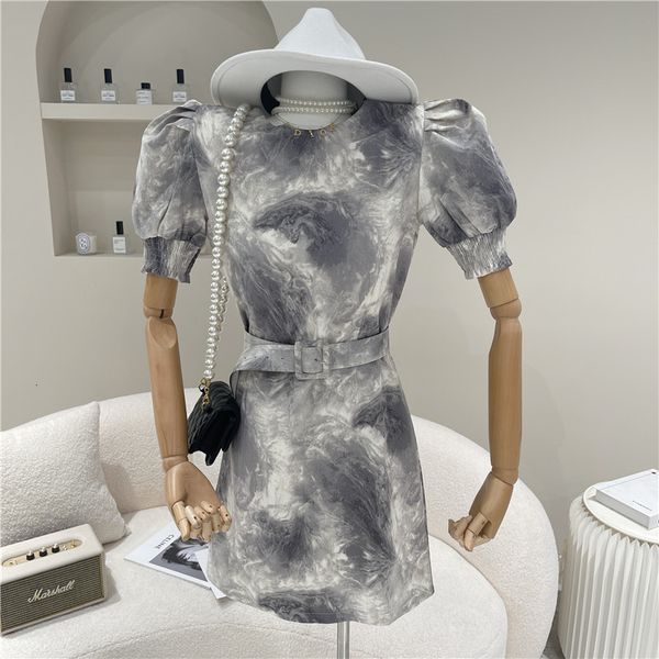 

dresses spring summer female niche design retro bandage thin bubble short pink halo printed dress, Black;gray