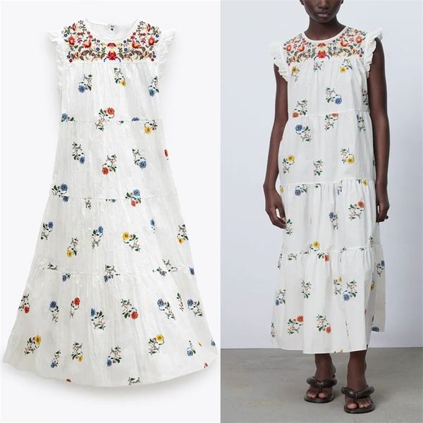 

white embroidered summer dress women elegant sleeveless ruffle party dresses woman chic back opening print midi vestidos 210524, Black;gray