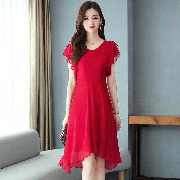 M-3XL Sommer Einfarbig Kleid Frauen Casual Schmetterling Ärmel Rüschen Knielangen Chiffon Kleid Plus Größe Rot Schwarz 210604