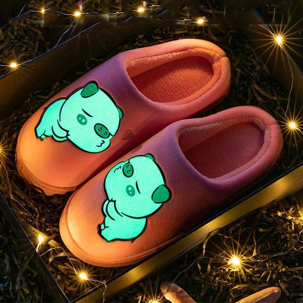 

winter slippers women suede fur short plush cute cartoon home luminescent indoor shoes for female, Black