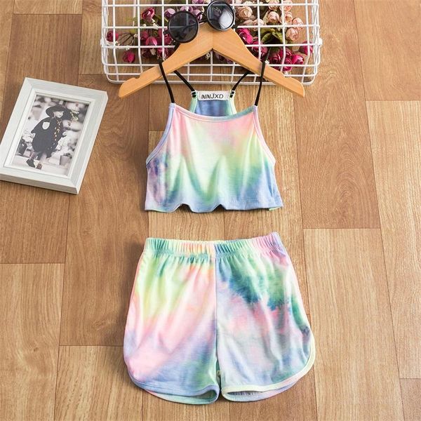 

clothing sets 2021 summer girl clothes 2 pieces tie-dye gradient rainbow cami crop shorts tracksuit 2pcs sport style girls, White