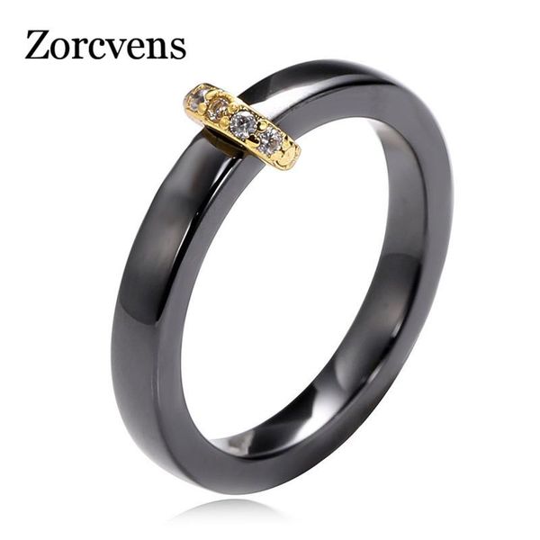 

cluster rings zorcvens smooth ceramic ring cubic zirconia black and white color women jewelry engagement wedding band gifts for, Golden;silver