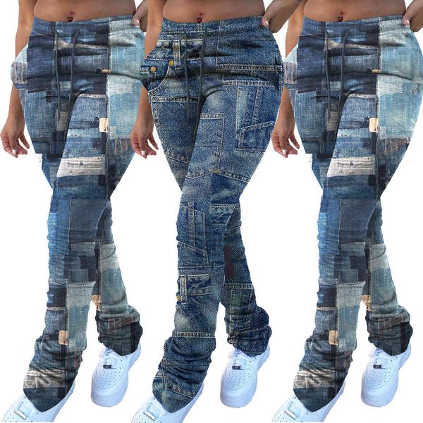 

women's autumn and winter fashion denim printed drawstring pile up pants casual trend of slim jeans, Blue