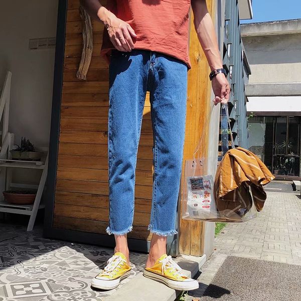 

men's jeans wholesale spring autumn small fresh tassel ankle length pants men's korean simple harem teenagers harajuku style boys, Blue