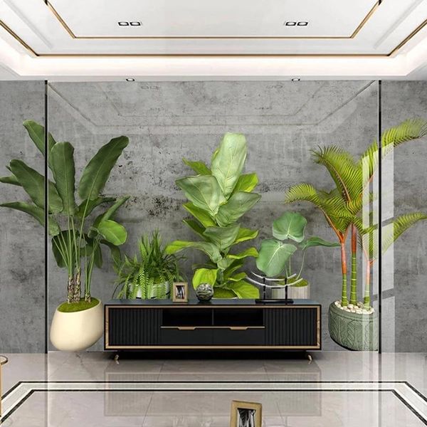 

custom 3d po self adhesive wallpaper gray cement wall green plant potted living room sofa tv background decoration mural wallpapers