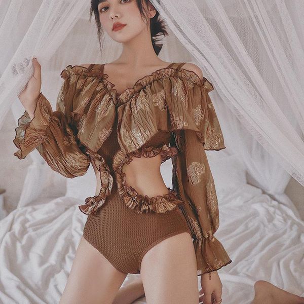 

one piece swim suits swimming suit for women korean ruffle bikini plus size long sleeve surfing cute south france style one-piece