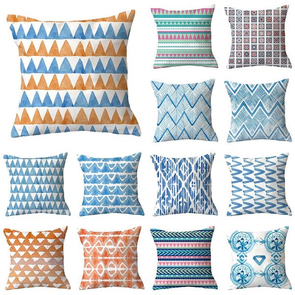 

pillow case 1pc blue geometry decorative pillowcase stripe throw polyester printing cover kussensloop 45*45cm
