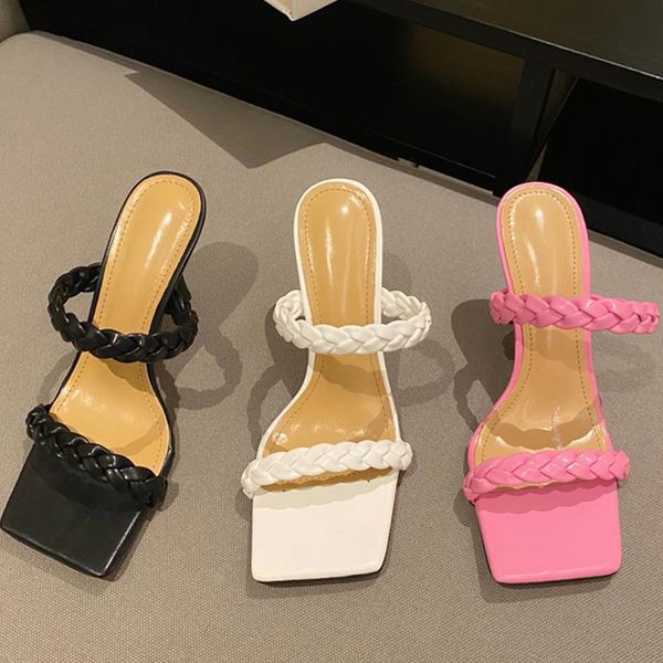 

sandals women 2021 ladies high heels shoes fashion female square toes slippers woman thin heel weave slides, Black