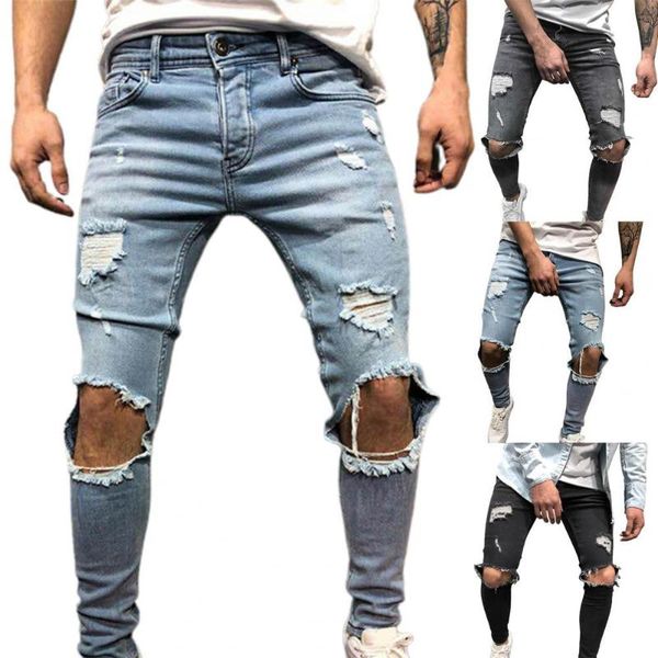 

men's jeans pants vintage great pocket discolored hole men, Blue